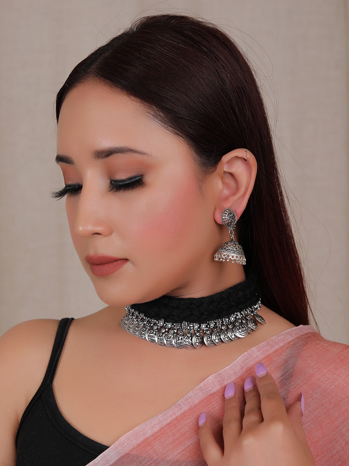 Black Thread Braided Coin Embellishments Choker Necklace Set with Jhumka Earrings