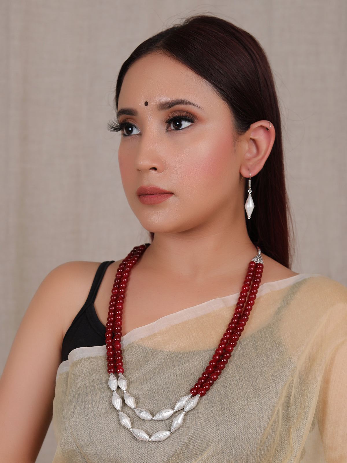 Red Glass Beads and Dholki Beads Long Necklace Set