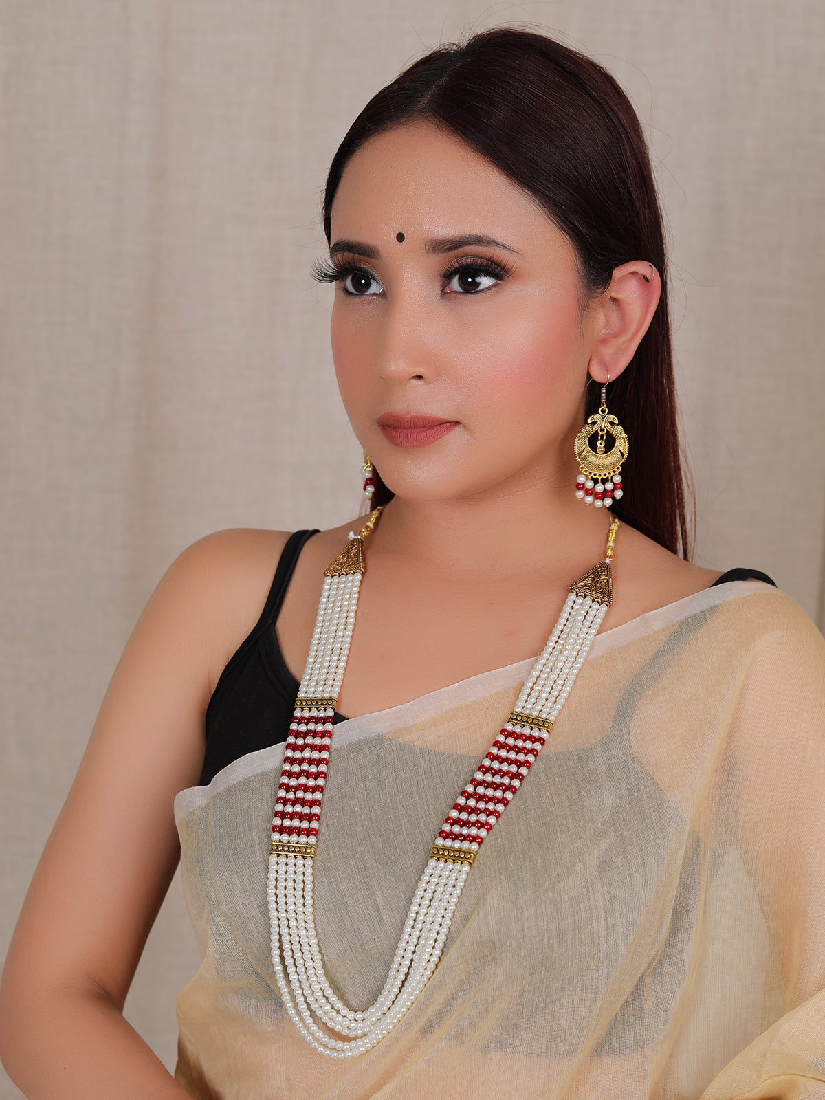5 Layered White and Red Beads Necklace Set with Gold Finish Metal Accents