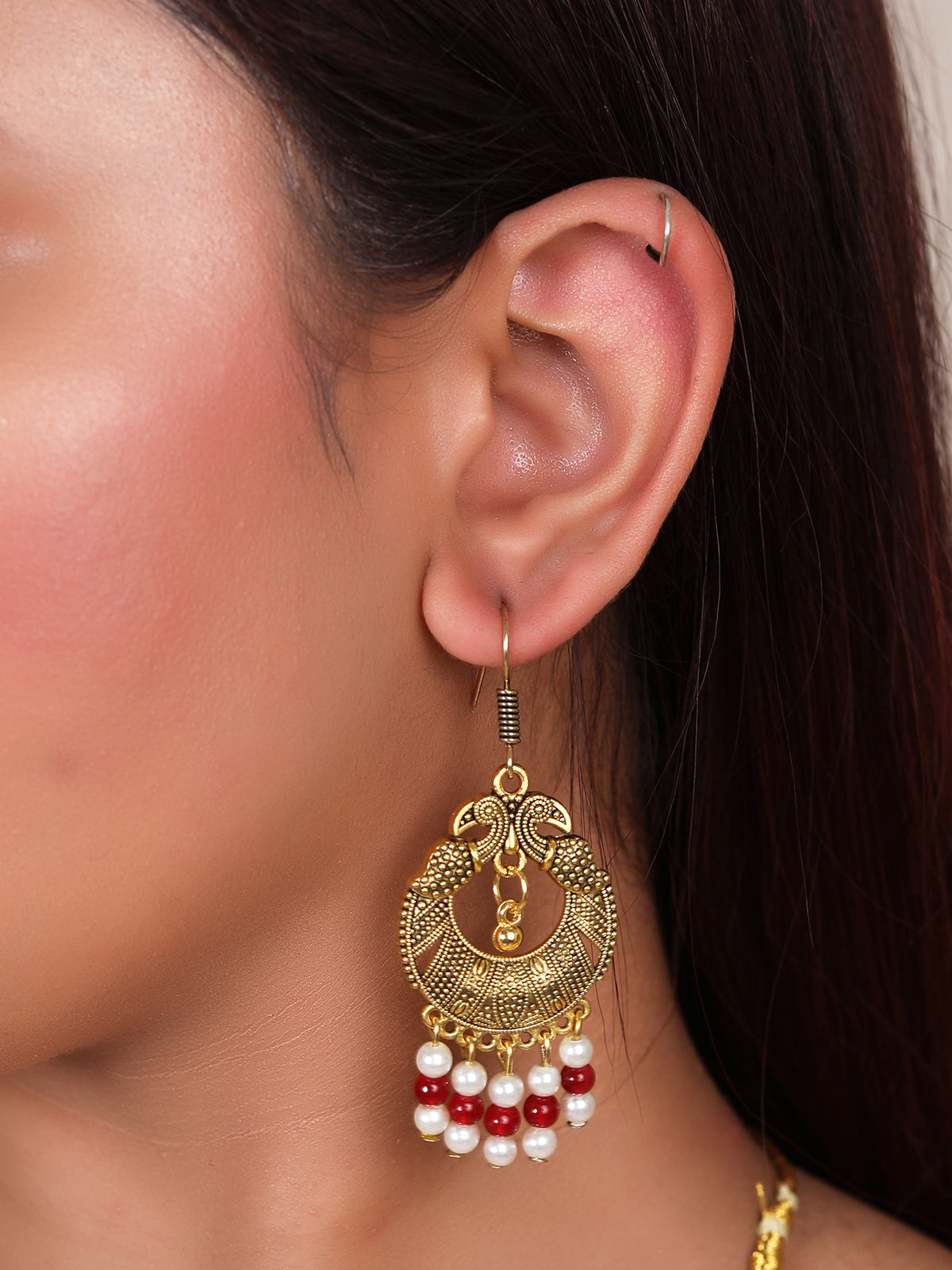 5 Layered White and Red Beads Necklace Set with Gold Finish Metal Accents