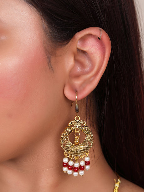 5 Layered White and Red Beads Necklace Set with Gold Finish Metal Accents