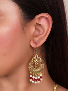 5 Layered White and Red Beads Necklace Set with Gold Finish Metal Accents