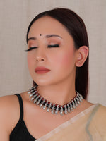 Load image into Gallery viewer, Black and Red Hand Beaded Silver Finish Choker Necklace with Adjustable Thread Closure
