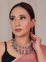 Load image into Gallery viewer, Multi-Color Stones Embedded Thread Closure Necklace Set with Long Dangler Earrings
