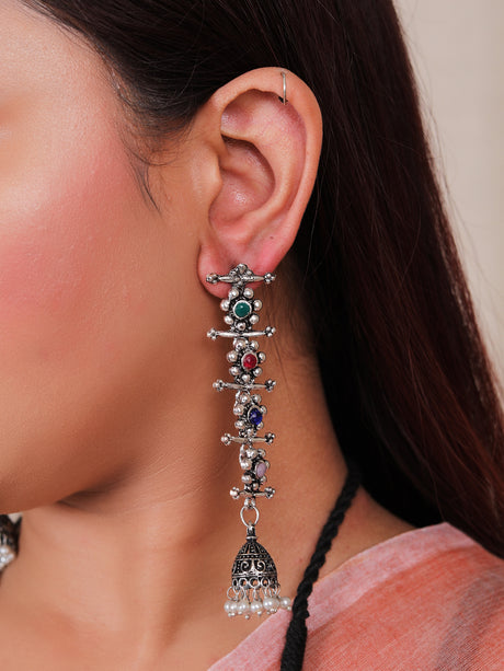 Multi-Color Stones Embedded Thread Closure Necklace Set with Long Dangler Earrings
