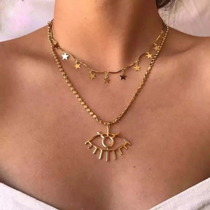 2 Layered Star Charms and Eye Motif Gold Plated Chain Necklace