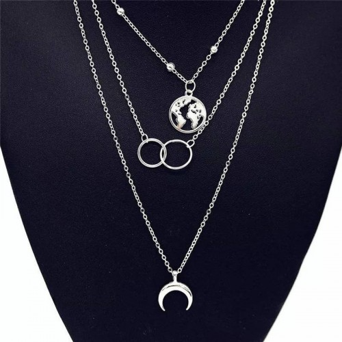 3 Layered Global Cross Ring Design Silver Plated Necklace