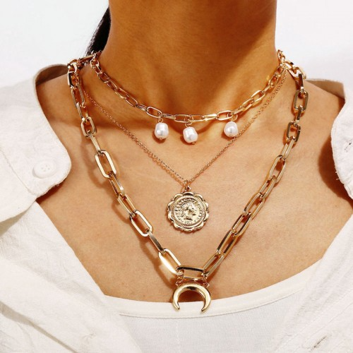 Half Moon Triple Layered Gold Plated Necklace