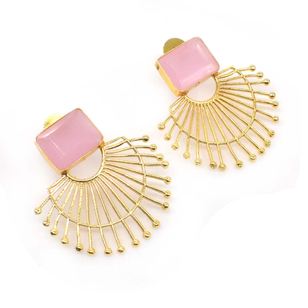 Freeship Rose Quartz Handmade Gold Plated Fashion Stud Earrings