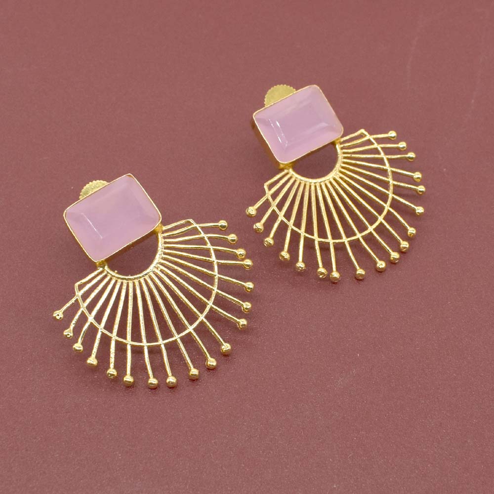 Freeship Rose Quartz Handmade Gold Plated Fashion Stud Earrings