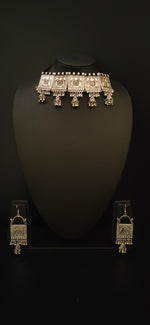 Load image into Gallery viewer, Oxidised Silver Peacock Choker Necklace Set with Metal Beads
