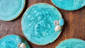 Sky Blue Coasters with Gold Detailing and Stones (Set of 6)