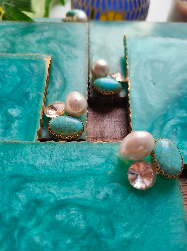 Turquoise Square Coasters with Gold Detailing and Stones (Set of 6)