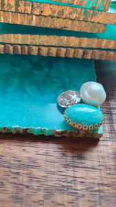 Turquoise Square Coasters with Gold Detailing and Stones (Set of 6)