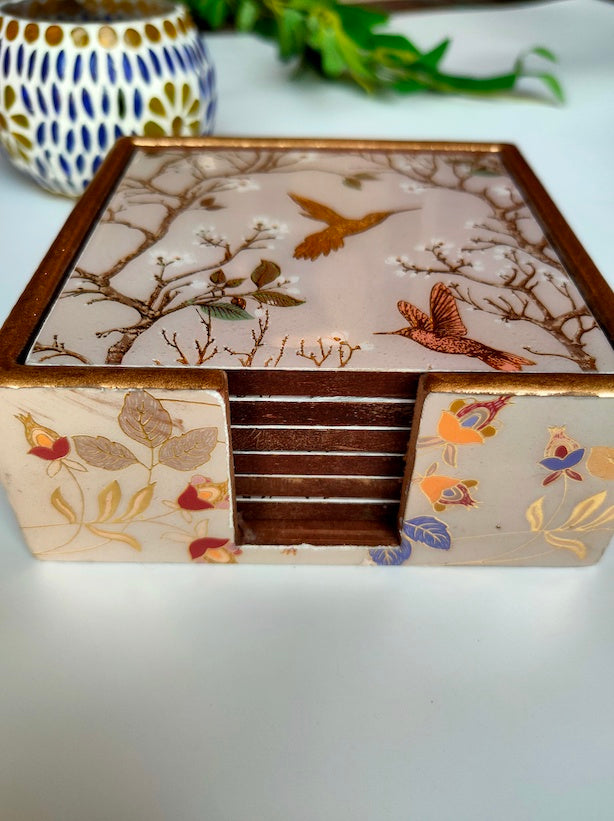 Wooden Coasters and Case with Gold Enamel Painted Nature Motifs (Set of 6)
