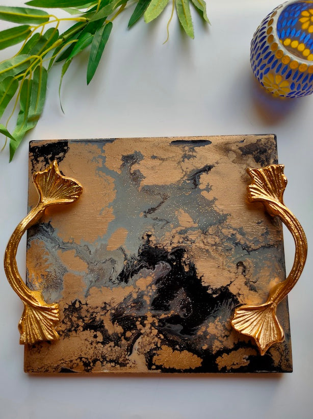 Premium Wood Serving Tray with a Splash of Colors and Gold Painted Handles
