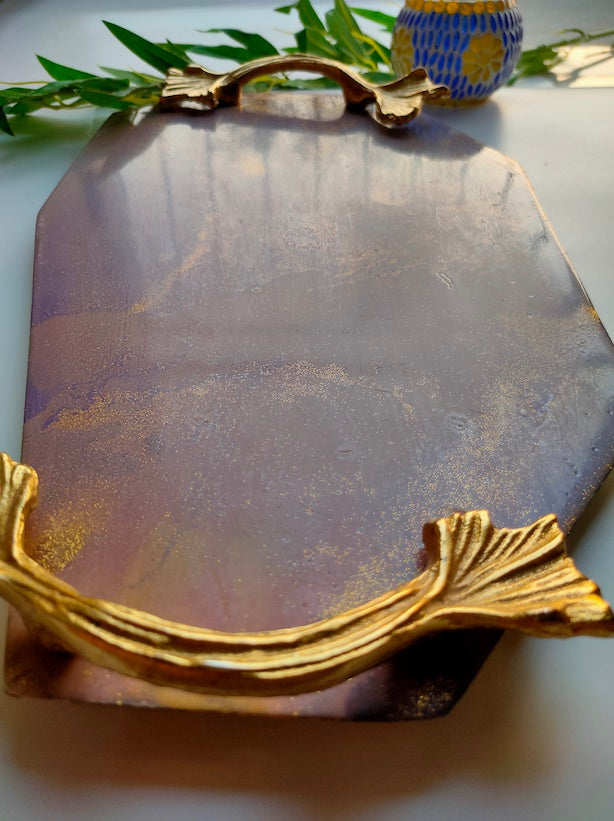 Premium Wood Serving Tray (Long) with a Splash of Colors and Gold Painted Handles