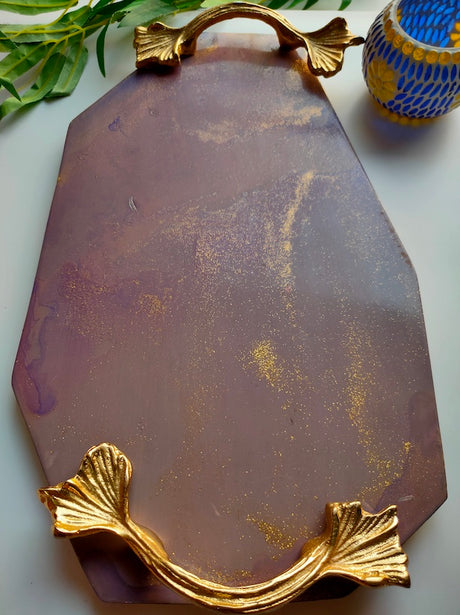 Premium Wood Serving Tray (Long) with a Splash of Colors and Gold Painted Handles