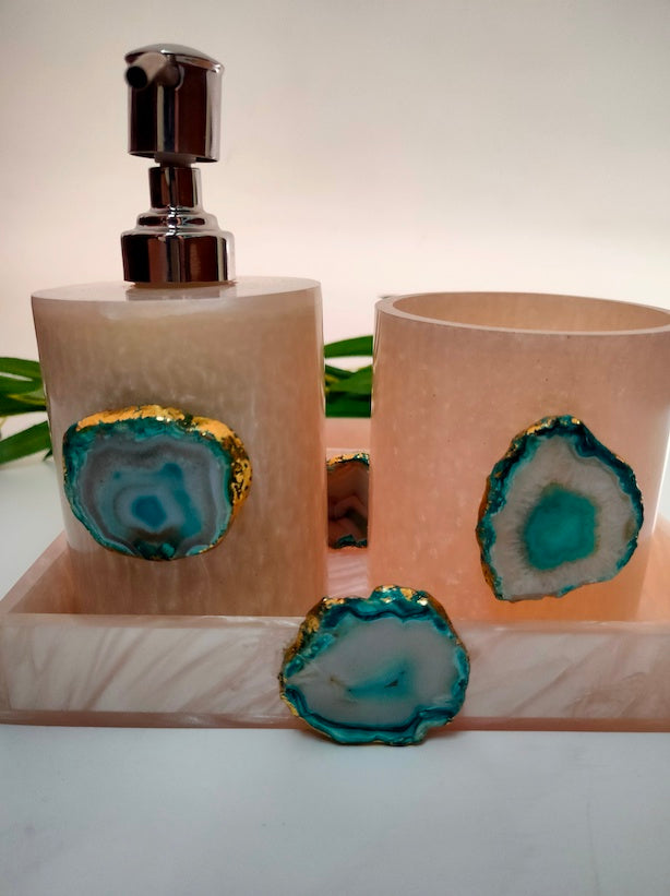 Set of 4 Premium Resin Bath Accessories - Soap Dispenser, Soap Tray, Brush Holder and Tray
