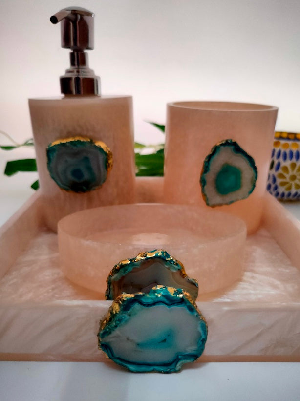 Set of 4 Premium Resin Bath Accessories - Soap Dispenser, Soap Tray, Brush Holder and Tray