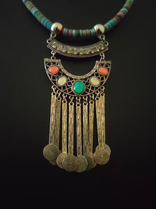 Hasli Necklace with Multi-Color Stones and Metal Danglers