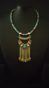 Hasli Necklace with Multi-Color Stones and Metal Danglers
