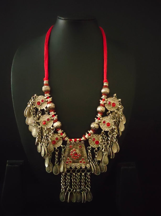 Afghani Necklace Set with Red Rhinestones and Thread Closure