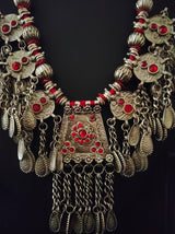 Afghani Necklace Set with Red Rhinestones and Thread Closure