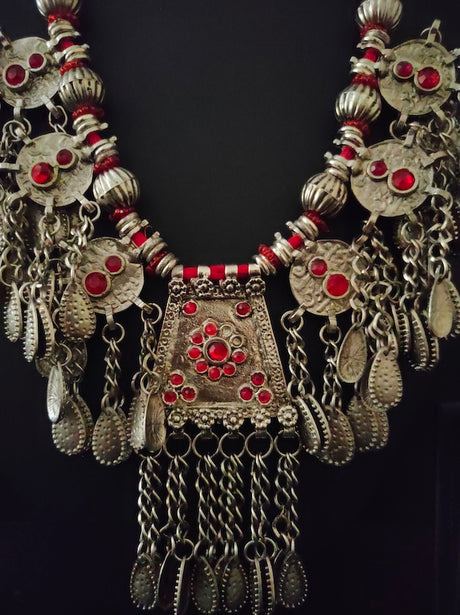 Afghani Necklace Set with Red Rhinestones and Thread Closure