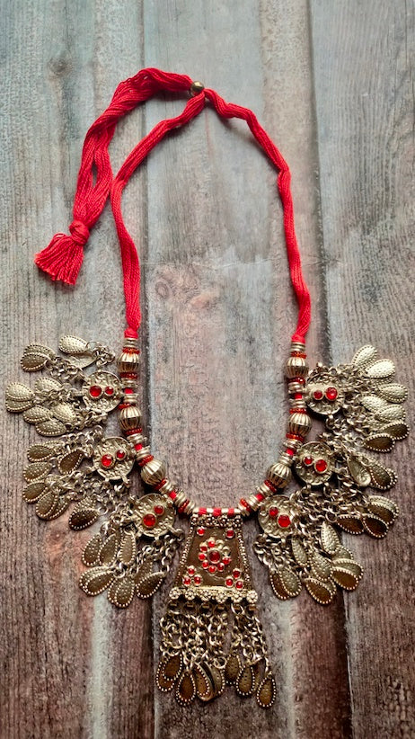 Afghani Necklace Set with Red Rhinestones and Thread Closure