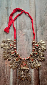 Afghani Necklace Set with Red Rhinestones and Thread Closure