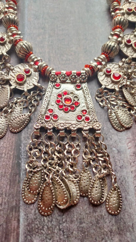 Afghani Necklace Set with Red Rhinestones and Thread Closure