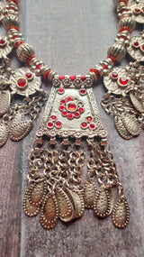 Afghani Necklace Set with Red Rhinestones and Thread Closure