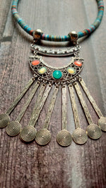 Load image into Gallery viewer, Hasli Necklace with Multi-Color Stones and Metal Danglers
