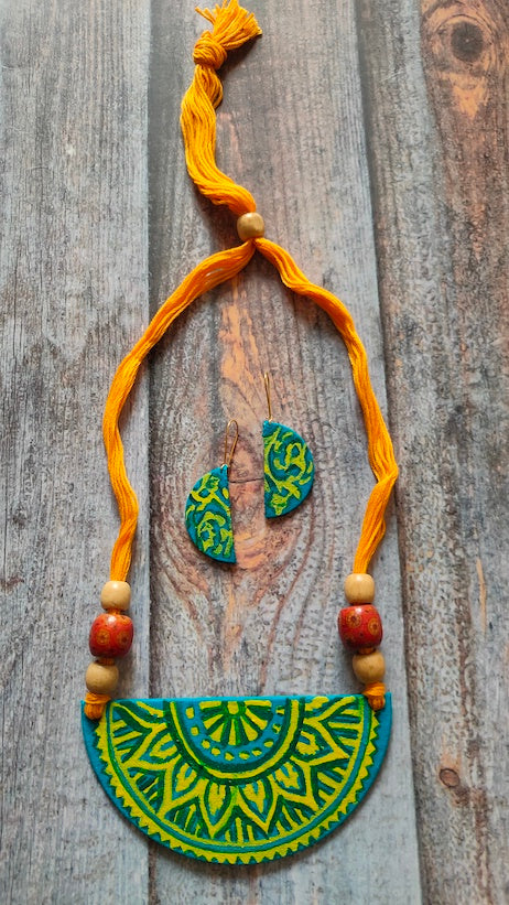 Hand Painted Fabric Necklace Set with Wooden Beads