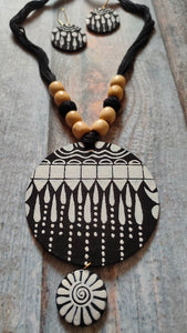 Monochrome Hand Painted Fabric Necklace Set with Wooden Beads
