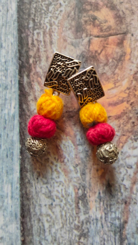 Hand Embroidered Fabric Necklace Set with Metal Accents