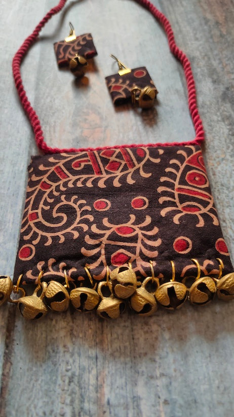 Block Printed Fabric Necklace Set Accentuated with Ghungroos