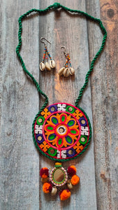 Hand Embroidered Mirror and Shell Work Fabric Necklace Set
