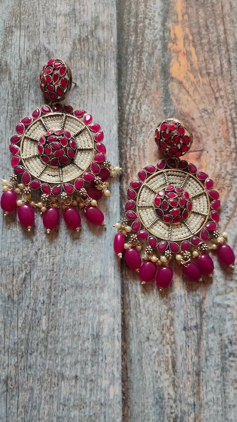 Fuchsia and White Beads Festive Metal Dangler Earrings