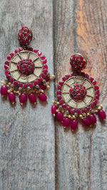 Load image into Gallery viewer, Fuchsia and White Beads Festive Metal Dangler Earrings
