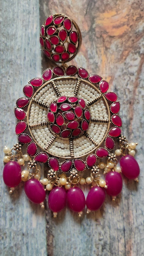 Fuchsia and White Beads Festive Metal Dangler Earrings