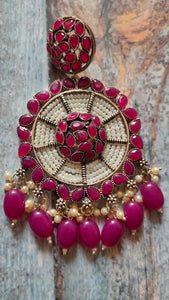 Fuchsia and White Beads Festive Metal Dangler Earrings