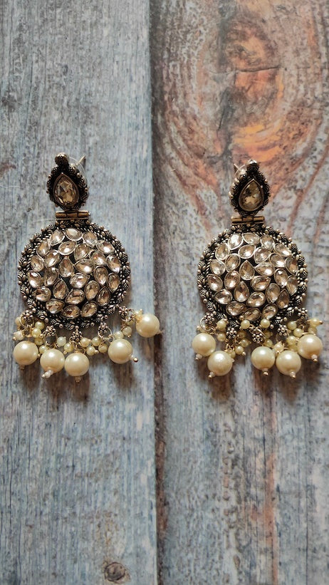 Rhinestones Embedded White Beads and Pearls Festive Earrings