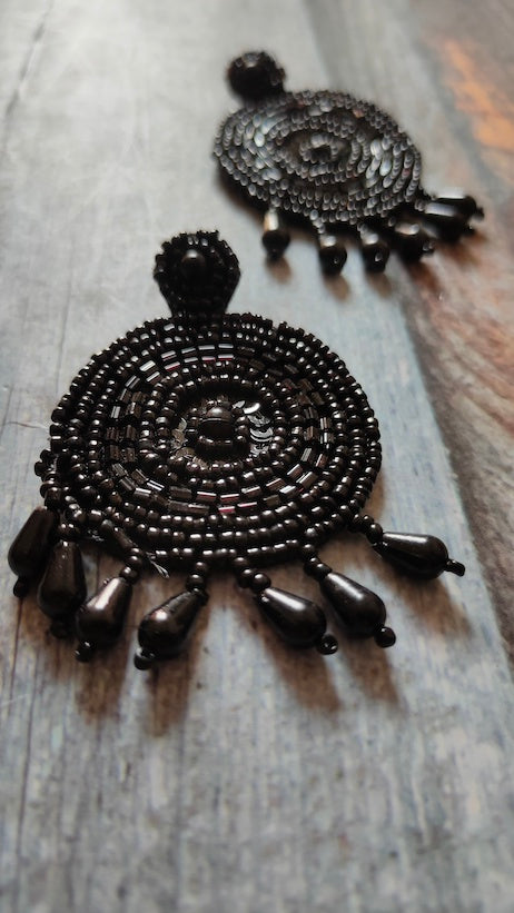 Threaded Black Beads Dangler Earrings