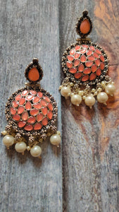 Peach Rhinestones Embedded White Pearls Metal Earrings