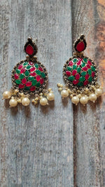 Load image into Gallery viewer, Red &amp; Green Rhinestones Embedded Metal Earrings

