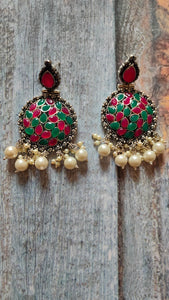 Red & Green Rhinestones Embedded Metal Earrings