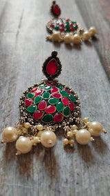 Red & Green Rhinestones Embedded Metal Earrings