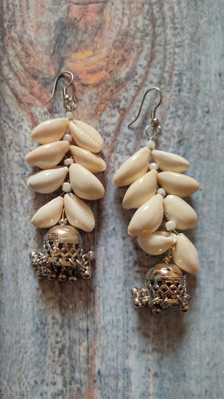 Shell Work Earrings with Metal Jhumkas